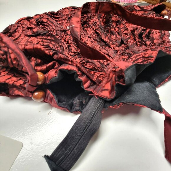 Burgundy Fabric Handbag Red Cloth Handbag Floral Motif Handbag - Picture 9 of 12